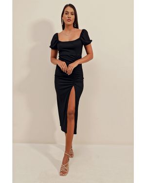 Bigdart Texturiertes Midi-Strickkleid Mit Quadratischem Kragen - Natur