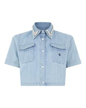 Philipp Plein Cropped Chambray-Hemd Mit Kristallen - Blau