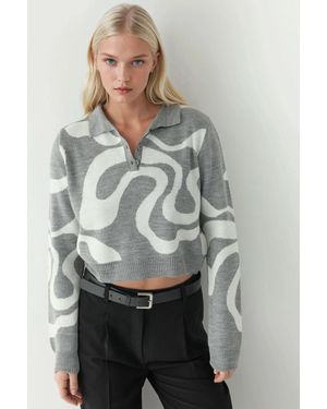 Hiccup Polo-Kragen Jacquard Strickpullover - Grau