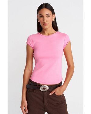 Dilvin Damen Slim Fit Baumwoll Rundhals T-Shirt - Pink