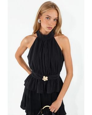 Busem Damen Halterneck Gürtel Crepe Bluse - Schwarz