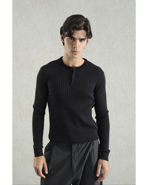 Giesto Schmal Geschnittenes, Geripptes Rundhalsshirt - Schwarz