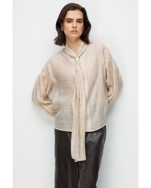 MixRay V-Ausschnitt Bluse Mit Schleifendetail - Natur