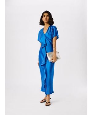 Whistles V Neck Ruffle Satin Dress - Blue