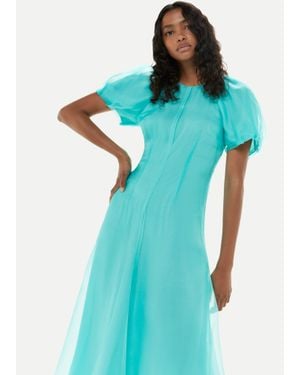 Whistles Organza Silk Puff Sleeve Dress - Blue