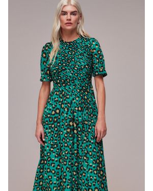 Whistles Petite Painted Leopard Shirred Dress - Green