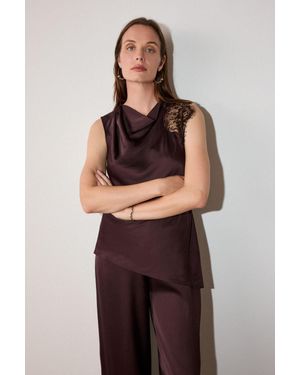 Whistles Lace Asymmetric Satin Top - Brown