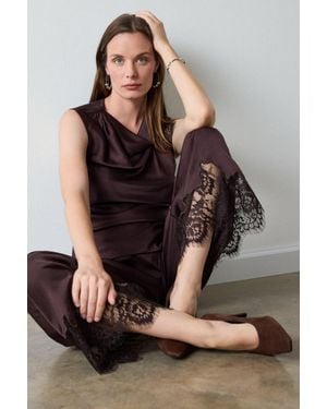 Whistles Satin Lace Trim Trouser - Black