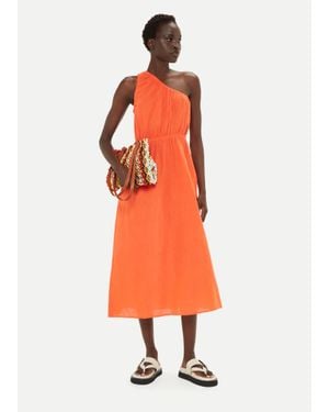 Whistles One Shoulder Linen Blend Dress - Orange