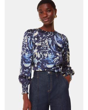 Whistles Botanical Satin Keyhole Blouse - Blue