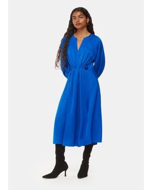 Whistles Ruched Waist Voluminous Sleeve Midi Dress - Blue