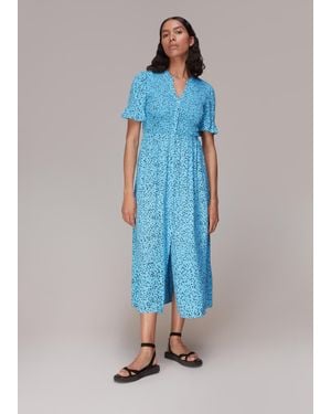 Whistles Spotted Dot Shirred Midi Dress - Blue
