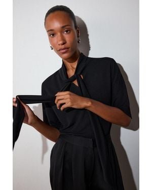 Whistles Short Sleeve Tie Neck Top - Black