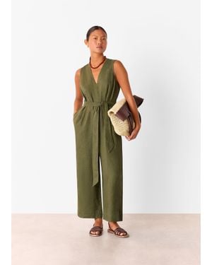 Whistles Petite Belted Seamed Linen Jumpsuit - Green