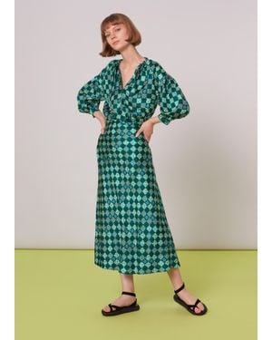 Whistles Silk Checkerboard Bias Skirt - Green