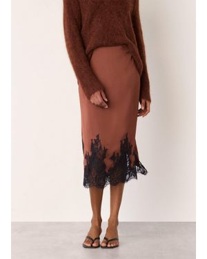 Whistles Lace Hem Satin Midi Skirt - Natural