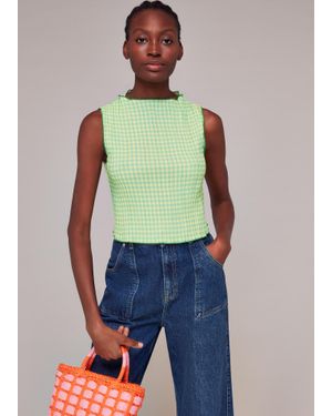 Whistles Houndstooth Gingham Plisse Top - Blue