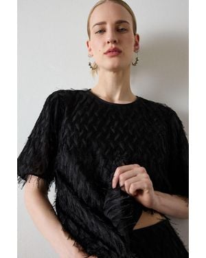 Whistles Fringe Textured Round Neck Top - Black