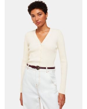 Whistles Ribbed V Neck Cardigan - White