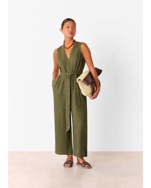 Whistles Petite Belted Seamed Linen Jumpsuit - Green