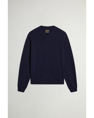 Woolrich Herren Pullover Aus Reiner Schurwolle Mit V-Ausschnitt Blau Größe
