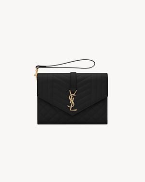 Saint Laurent Envelope Bolsa De Piel Repujada Grain De Poudre Mix Matelassé - Negro