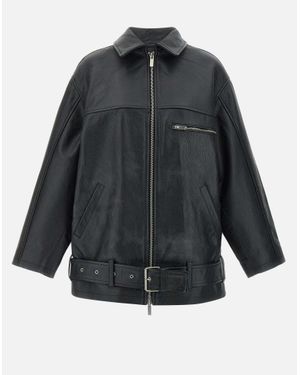 Remain Übergroße Schwarze Leder-Maxi-Jacke - Grau