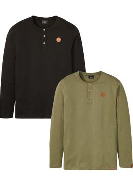 bonprix Maglia Serafino A Maniche Lunghe (Pacco Da 2) - Verde
