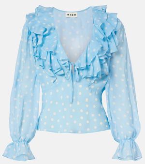 RIXO London Lasca Polka-Dot Silk Top - Blue
