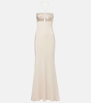 Roland Mouret Silk Embellished Halterneck Maxi Dress - White