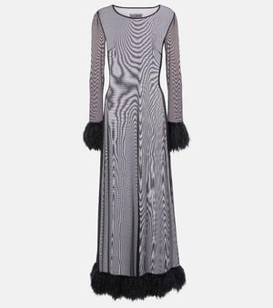 Marine Serre Faux Feather-Trimmed Mesh Maxi Dress - Grey