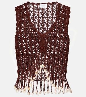Anna Kosturova Crochet Fringed Cotton Crop Top - Brown