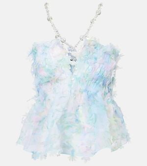 SUSAN FANG Floral-Applique Smocked Tulle Top - Blue