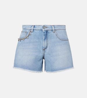 Area Embellished Denim Shorts - Blue