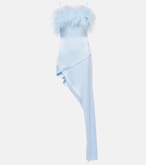 David Koma Feather-Trimmed Satin Cocktail Dress - Blue