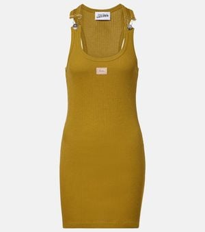 Jean Paul Gaultier Vestido Corto Acanalado De Algodon Con Logo - Verde