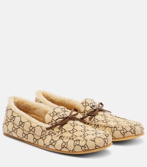 Gucci Double G Shearling-Lined Suede Loafers - Natural