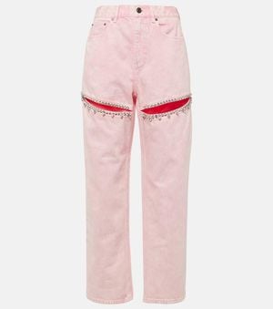 Area Embellished Cutout Straight Jeans - Pink