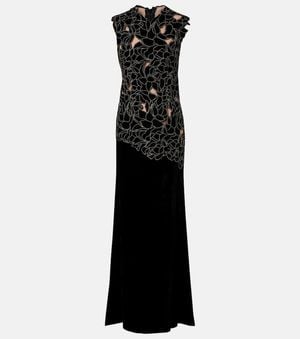 Costarellos Serisa Embellished Lace-Trimmed Velvet Gown - Black