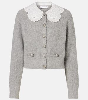 Self-Portrait Embellished Lace-Trimmed Cardigan - Gray
