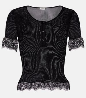 Saint Laurent Scalloped Lace-Trimmed Ribbed Jersey Henley Top - Black