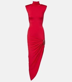 Area Asymmetric Embellished Midi Dress - Red