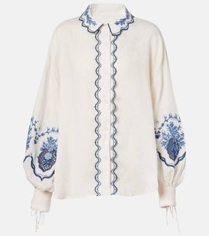 Agua Bendita Abadia Wild Floral Linen Blouse - White