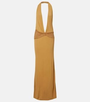 Christopher Esber Suede-Trimmed Jersey Gown - Metallic