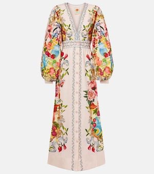 FARM Rio Floral Linen-Blend Maxi Dress - White