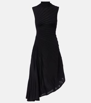 Alaïa Vestido Midi Asimetrico De Lana Virgen - Negro