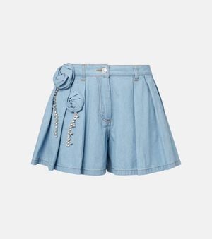 Area Floral-Applique Denim Shorts - Blue