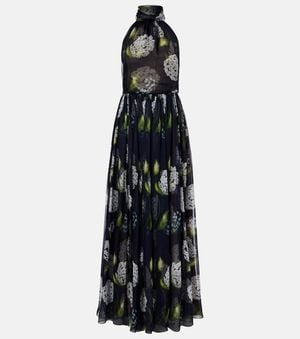 Oscar de la Renta Porcelain Flower Silk Chiffon Gown - Black