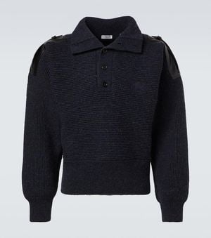 Burberry Leather-Trimmed Wool-Blend Polo Jumper - Blue