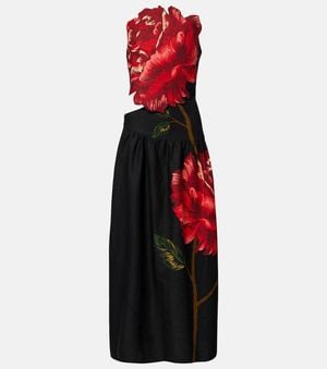 FARM Rio Floral-Applique Linen-Blend Cocktail Dress - Red